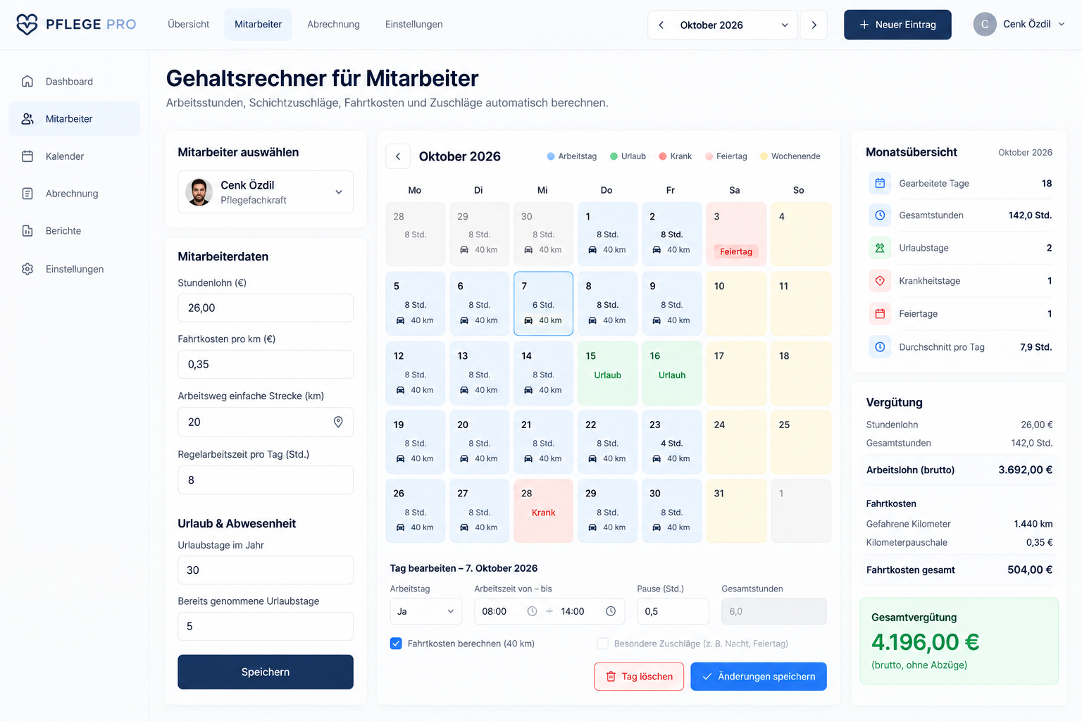 Webbasierte Mitarbeiterverwaltung und Gehaltsberechnung: Übersicht der Arbeitsstunden und Gesamtkosten